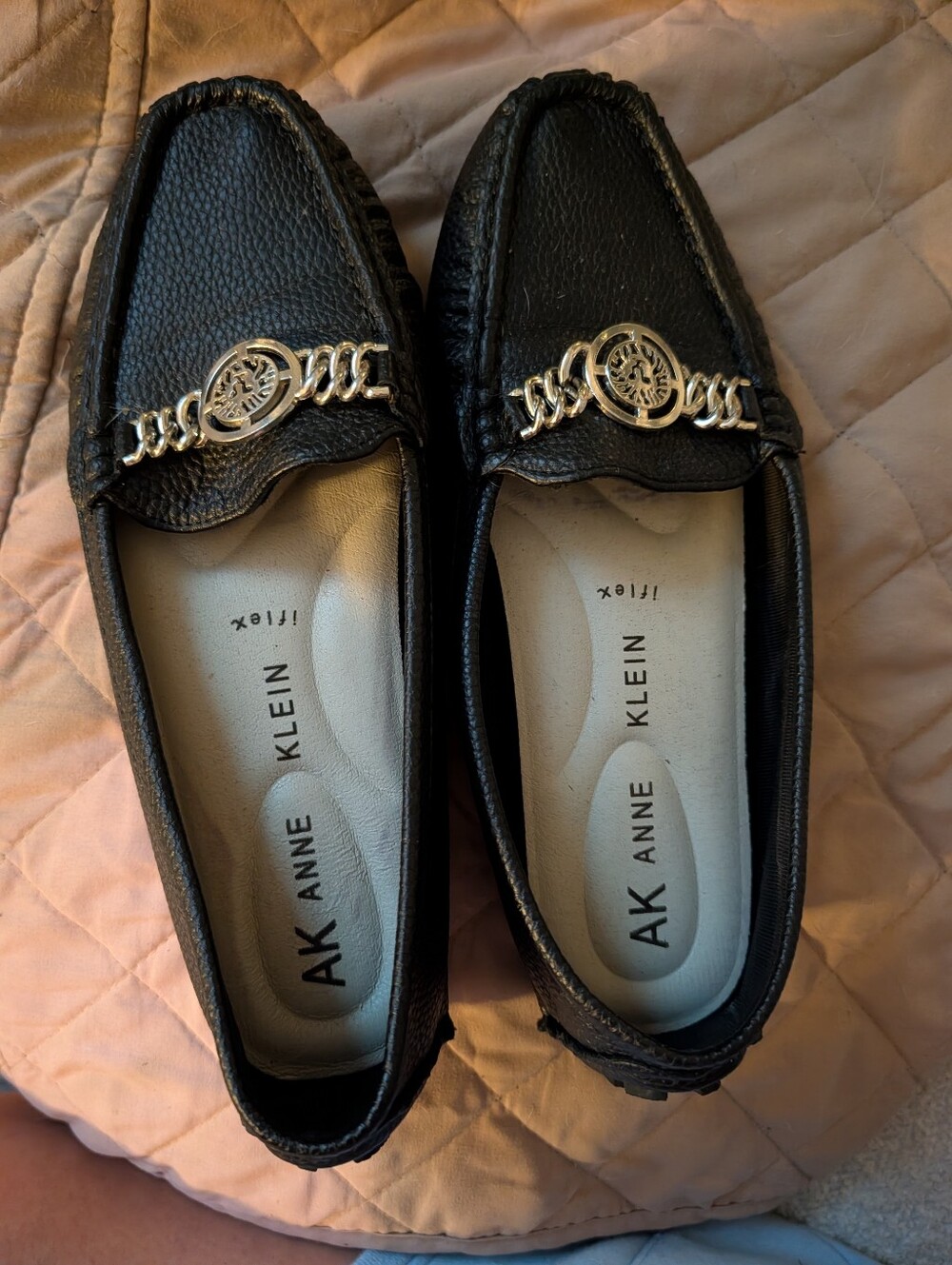 Anne Klein Black Leather Loafers with Gold Chain Emblem